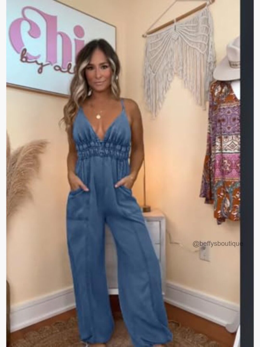 Smocked Elastic Waist Denim Jumpsuit Sleeveless Wide Leg Overall Romper - Picture 6 of 7